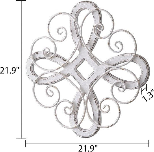 Sintosin Vintage Wrought Iron Wall Decor 22 Inch, Hanging Distressed White Farmhouse Wood and Metal Wall Art Decor, Rustic Medallion Home Wall Decor for Living Room Bedroom Entryway Hallway