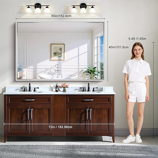 CIRCUMI 60"x40" Brushed Silver Mirror with Chunky Box Metal Frame, Bathroom Mirror for Vanity Remodel & New Home, Living Room, Entryway, Rectangular Wall Mirror, Tempered Glass, Vertical or Horizontal