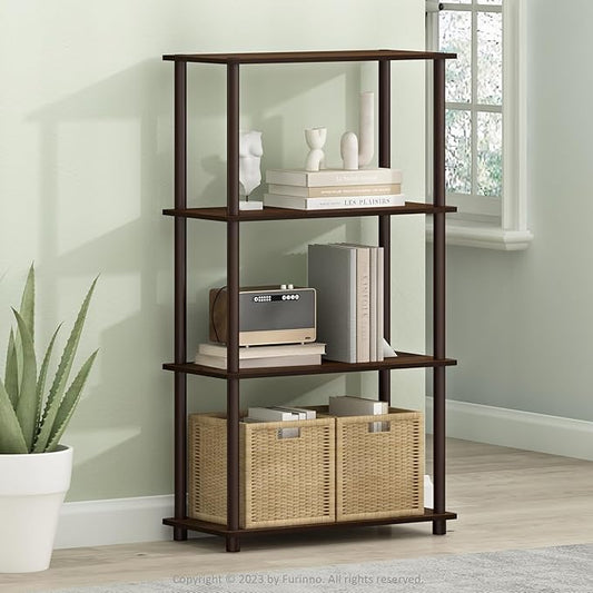 Furinno TURN-N-TUBE Storage Shelves, 4-Tier Toolless Book Shelf, Corner Shelf, Toolless Open Shelves, for Organization and Storage, Living Room, Garage, Home Office, Walnut