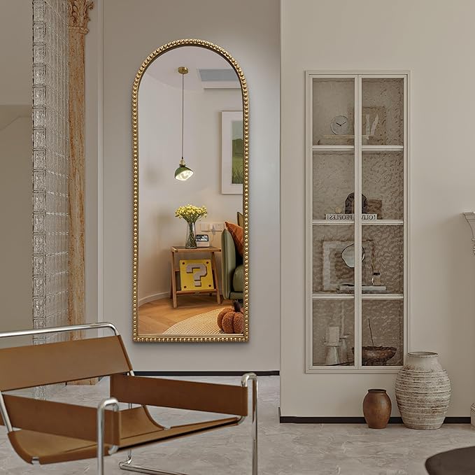 BAODANFU Vintage Full Length Wall Mirror, Large Gold Arch Floor Mirror 20"X53" with Antique Beaded Metal Frame for Dresser Living Room, Decorative Mirrors for Entryway Hallway Bathroom