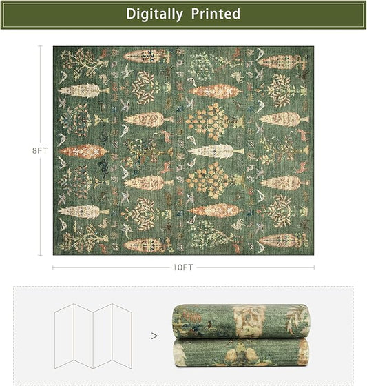 Srugn Washable Rugs 8x10 Area Rugs for Living Room,Bedroom,Dining Room- Large Ultra Soft Faux Wool Retro Carpet,Non Slip&Non-Shedding Low Pile Vintage Print Rug for Home Office Dorm-Grass Green