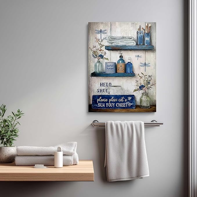 MAQCM Navy Blue Bathroom Decorative Wall Art Rustic Blue Bathroom Canvas Wall Decorative Please Sit In Your Own Logo Painting Painting Retro Aesthetic Pictures Artwork Decoration 16x24 Inches
