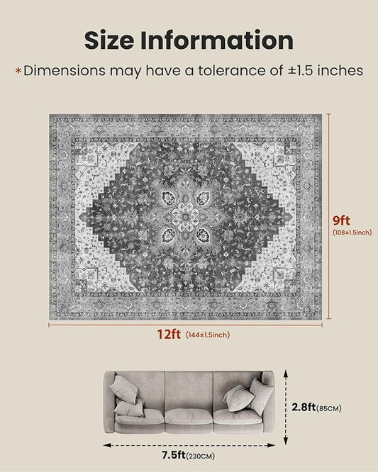 AMADA HOMEFURNISHING 9x12 Area Rugs, Low-Profile Large Washable Area Rug with Non-Slip Backing & Durable Edge Binding, Vintage Rugs for Living Room, Bedroom & Dinning Room