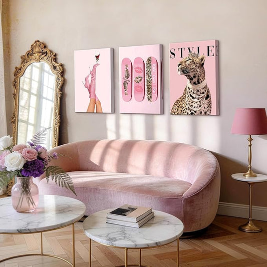 WENGTIAO 3Pcs Pink Leopard Canvas Wall Art Fashion Cheetah Paintings Prints Lucky Skateboard Pictures Boots Martini Posters Decor Coquette Preppy Aesthetic Artwork for Living Room Bedroom 16x24x3 inch