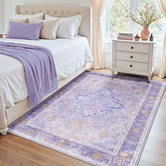 RELEANY Area Rugs 4'x6' Washable Non-Slip, Floral Vintage Distress Print Pattern Medallion Carpet for Living Room Bedroom Dining Room, Light Purple Brown