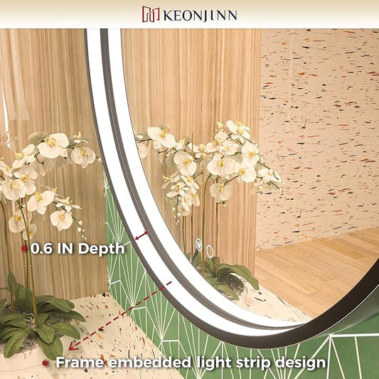 Keonjinn 28 Inch Round LED Bathroom Mirror, 3 Color Temperature Lights 3000K/4500K/6000K, Black Metal Framed Front Lighted Round Vanity Mirror Dimmable, Circle Makeup Mirror Anti-Fog UL Listed CRIβ₯90