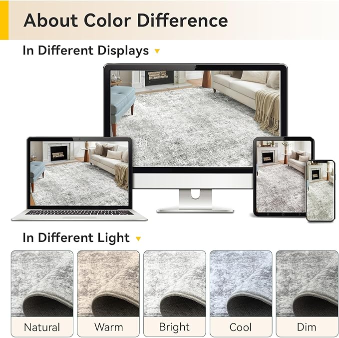 RELEANY Washable Area Rugs Square 8ft Non-Slip Modern Abstract Soft for Living Room Entryway Bedroom Nursery, Print Pattern, Gray White Grey