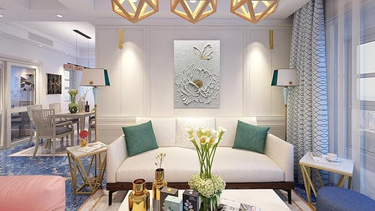 Boiee Art,30x45Inch Hand Painted Textured White Flower Oil Painting On Canvas Gold Acrylic Wall Art Abstract Landscape Paintings Stretched and Framed Ready to Hang