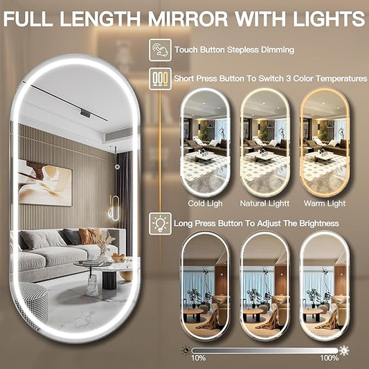 FENNIO 71" x 32" Large Wall Mounted Mirror with LED Lights, Oval Full Length LED Lighted Full Body Dressing Mirror for Bedroom, Salon, Brushed Aluminum Frame, Tempered Glass