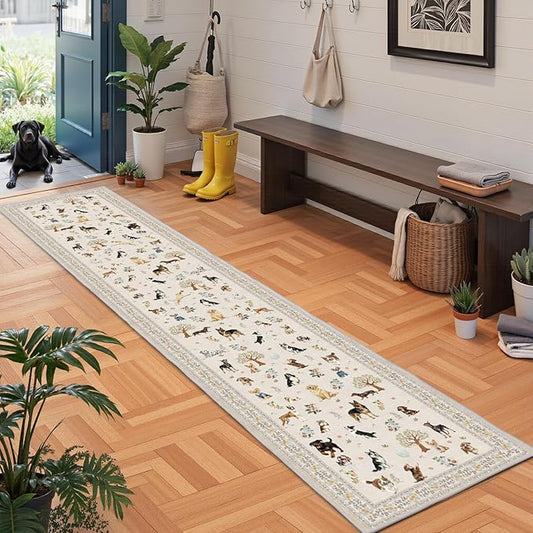 Dog Runner 2x10 Beige, Floral Carpet Non-Slip Washable Rug Ultra-Thin Soft for Hallways, Kitchen Mat Stain Resistant for Entryway Bathroom