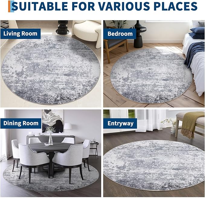 ROYHOME Modern Abstract 8x8 Round Area Rug Non Slip Non Shedding Rug Low Pile Stain Resistant for Bedroom Living Room Office Dining Room,Light Grey
