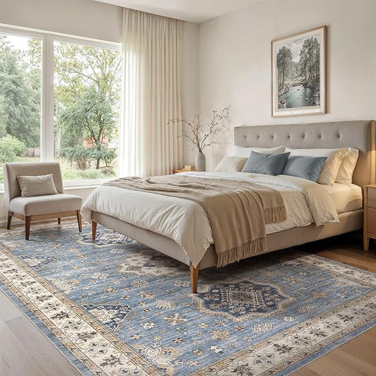 EIEIHOUSE Washable Area Rugs for Living Room -10x12 Neutral Vintage Distressed Floral Farmhouse Boho Large Soft Floor Rug Indoor Non Slip Carpet for Living Room Bedroom Dining Room Office - Blue