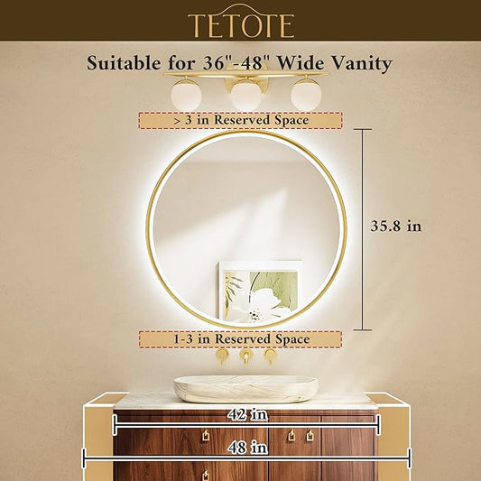 TETOTE Gold Led Round Mirror with Lights 36 Inch Metal Framed Round Circle Lighted Bathroom Vanity Mirror Wall Mounted, Front and Backlit 3 Color Stepless Dimmable Anti Fog, Shatterproof, CRI 90+