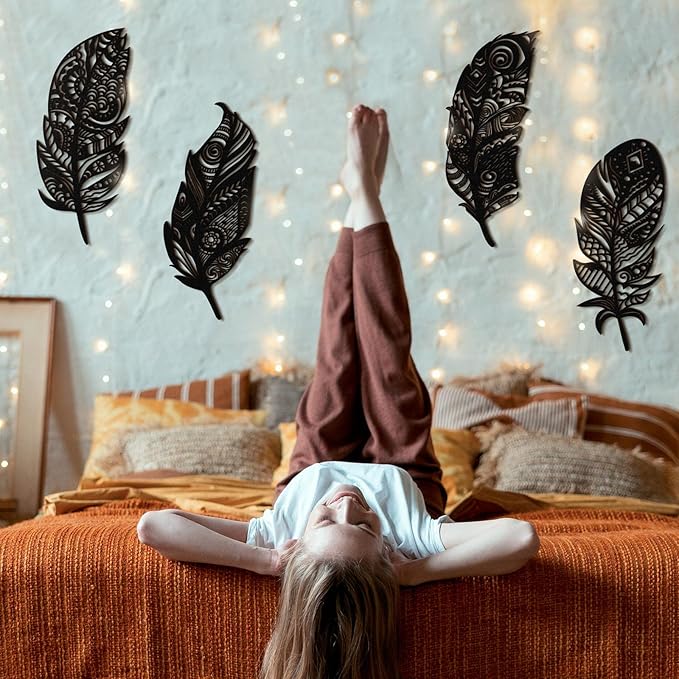 Qunclay 4 Pieces Feather Wall Decor Wooden Feather Wall Art Boho Wall Decor Laser Cut Hanging Mandala Large Rustic Farmhouse Wood Sign for Home Living Room Bedroom Bathroom Kitchen(Black)