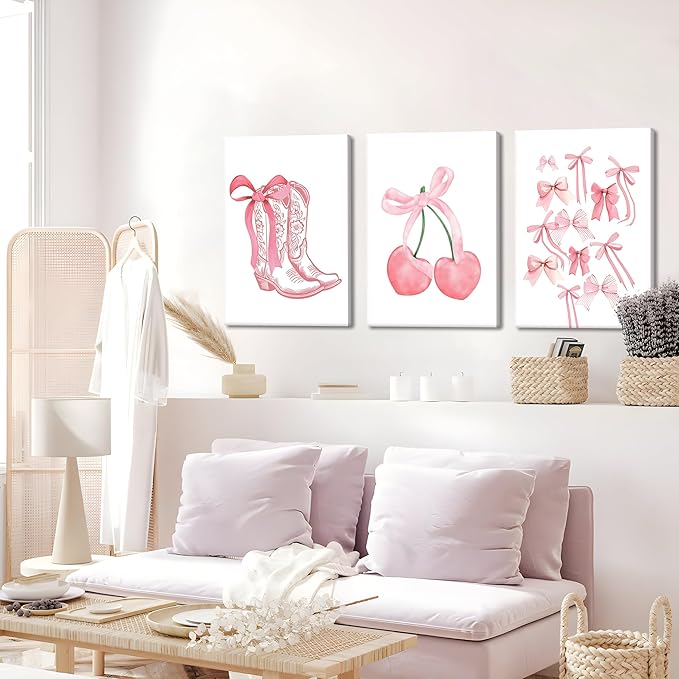 Fashion Pink Bows Wall Art Set of 3, Preppy Watercolor Cherry Cowboy Boots Wall Decor Posters, Cute Aesthetic Room Decor Canvas Prints Picture for College Girl Apartment Bedroom 16x24 Inch Framed