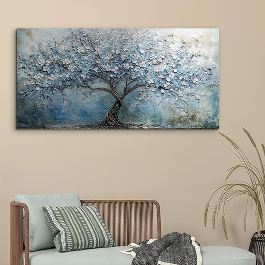 crmotu Tree of Life Large Wall Art for Living Room, Cherry Blossom Tree Abstract Art Prints Canvas Pictures, Modern Blue White Aesthetic Painting Bedroom Bathroom Home Office Wall Decor 29"X57"