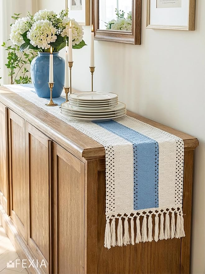 FEXIA Summer Table Runner Light Blue for Home Decor with Tassels 72 Inches Farmhouse Long Rustic Table Runner Macrame Burlap Centerpieces for Tables Decoration for Baby Shower(12x72 Inches)
