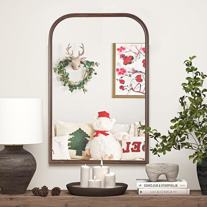 24"x36" Arch Wall Mirror Bathroom Mirror for Wall Mounted, Tempered Glass, Wood Grain Finish Frame Wall Mirror Decorative for Bedroom Living Room Entryway, Rustic Brown