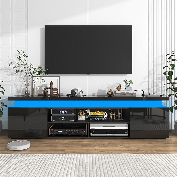 Hlivelood LED TV Stand for 85 Inch TV, Modern TV Stand with Power Outlet, High Gloss TV Console Entertainment Center with Storage and LED Lights for Living Room, Bedroom (73 Inch, Black)