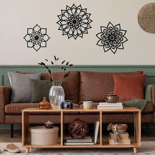 Sanwarm 3 Pieces Metal Flowers Wall Decor, Black Wall Art Decors Sunburst Mandala Bohemian Minimalist Hanging Decoration for Home Bathroom Living Room Bedroom Garden Office Housewarming Gifts