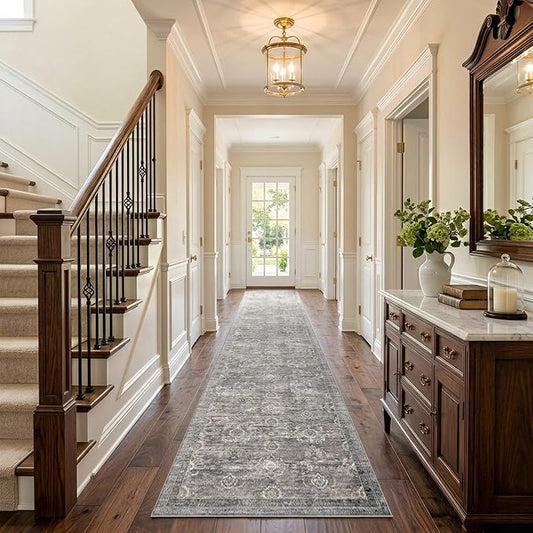 Rugxara 2x10 Runner Rug, Washable Kitchen Rugs, Grey Boho Vintage Floral Hallway Runner, Non Slip Low Pile Area Rug Carpet for Indoor Hallway, Kitchen, Laundry Room and Bathroom(Taupe/Grey 2x10ft)