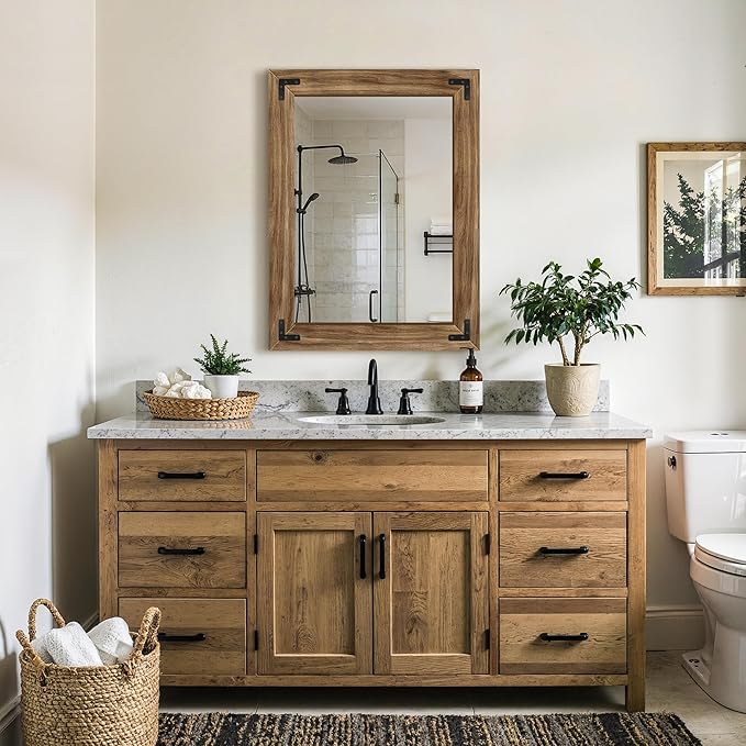Wood Bathroom Mirror for Wall, 24"x32" Rustic Farmhouse Wood Framed Mirror for Bathroom Sink, Entryway, Living Room, Bedroom