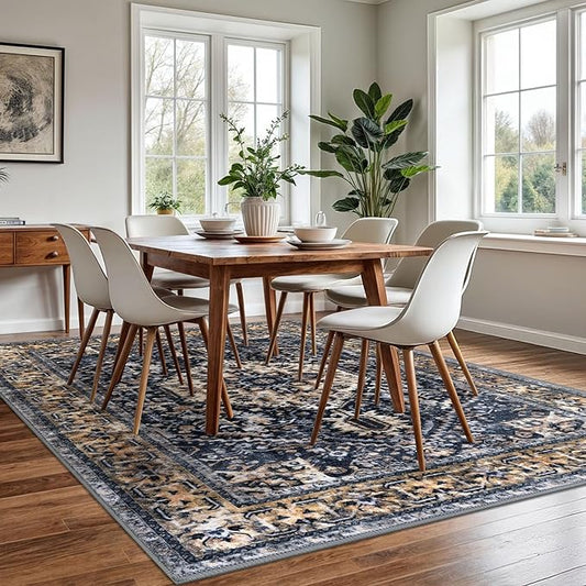 KOZYFLY Boho Area Rug 6x9 Ft Thin Rugs for Living Room Washable Bedroom Rug Non Slip Rugs for Living Room Gold/Orange/Navy Printed Faux Wool Vintage Bedroom Rug Floor Carpet