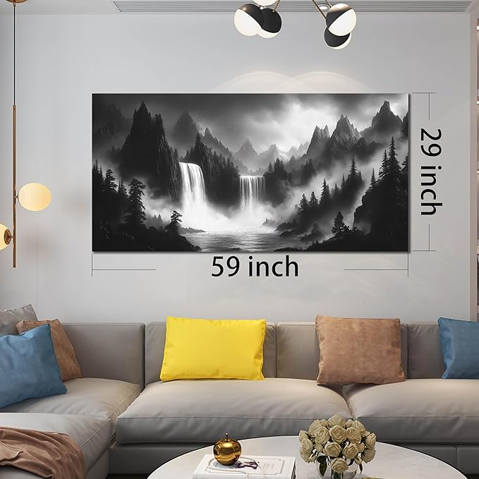 CIRABKY Waterfall Living Room Pictures Wall Decor - Black and White Mountain Wall Art for Bedroom - Large Canvas Wall Art for Office Size 29" x 59"