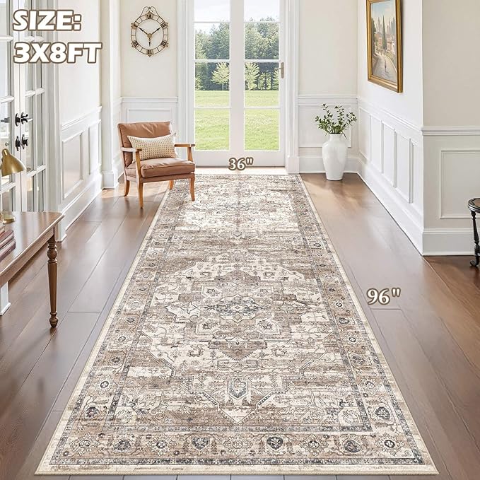 3x8 Washable Runner Rug :Hallway Runner with Non Slip Backing Farmhouse for Bedroom Bathroom Living Room Rug Vintage Large Soft Entryway for Kitchen Laundry Room Stain Resistant Carpet-Tea Brown