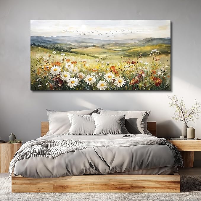 FUHAIHUA Large Framed Wall Decor For Living Room Canvas Wall Art For Office Farmhouse Wall Decorations For Bedroom Prairie Flowers Landscape Paintings Modern Pictures Artwork Home Decor 24" x 48"