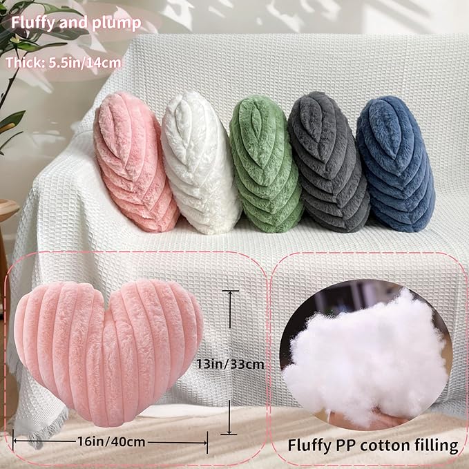 16 Inch White Heart Pillow Cute Decorative Throw Pillows, Heart Shaped Soft Fluffy Faux Fur Pillows Cushions for Couch Chair Bed Bedroom Room Home Decor Aesthetic (1, White, Medium-16 x13)