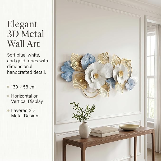 Axioglo Large Metal Wall Art Decor, 3D Modern Abstract Floral Pattern Design, Handcrafted Metal Wall Sculpture for Living Room, Bedroom & Entryway(51")