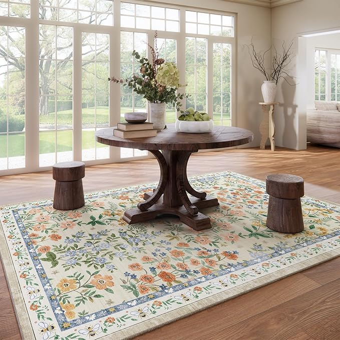 Machine Washable Rugs for Living Room: 8x10 Area Rugs for Bedroom Vintage Stain Resistant Non Slip Low Pile Lightweight Soft Carpet for Kitchen Dining Room Farmhouse Kids Room Nursery Playroom