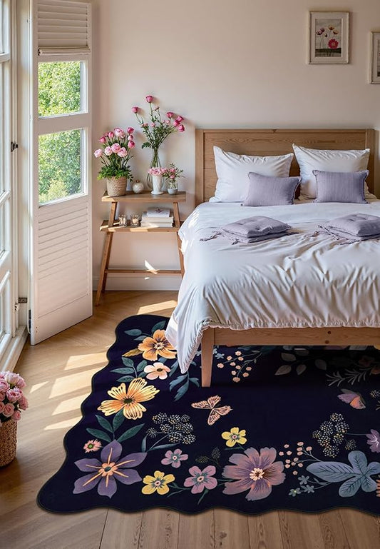 Lahome Floral Washable Rugs for Living Room, 5x7 Area Rugs Ultra-Thin Soft Rug, Non-Slip Bedroom Rug Stain Resistant Boho Low-Pile Throw Carpet for Dining Room Office Flore (5x7ft,Purple)