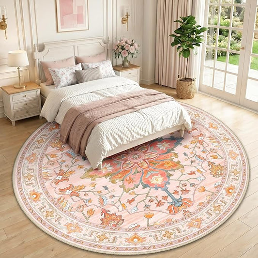 RELEANY Area Rugs Round 10ft Washable Non-Slip, Floral Vintage Distress Print Pattern Medallion Carpet for Living Room Bedroom Dining Room, Light Pink Colorful