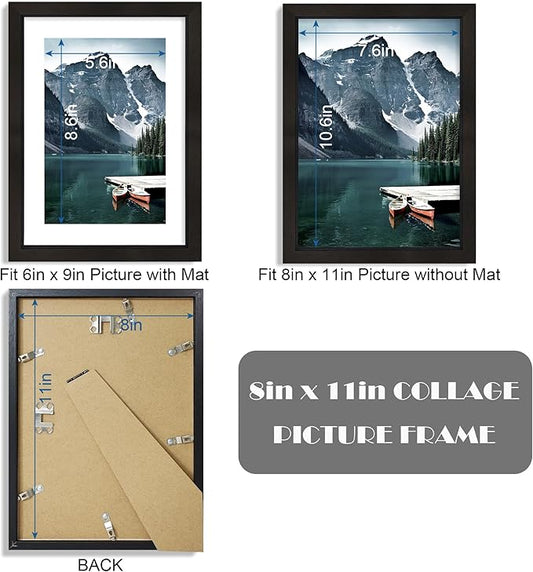Hongkee 8x11 Picture Frame with Real Glass - Display Pictures 6x9 with Mat or 8 x 11 without Mat, Photo Frame for Wall or Table Top Display(Black, 3 Pack)