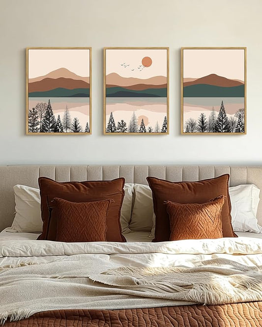 PHOPAGO Mountain Laker Landscape Framed Wall Art Boho Nature Artwork Paints Bohemain Farmhouse Rustic Living Room Bedroom Decor - 12x16in Natural Framed