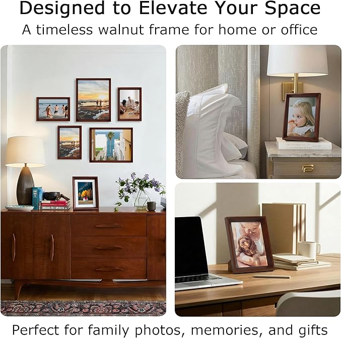 brisafe Wood Picture Frame 8x10 Matted to 5x7, Solid Wood Photo Frame with Tempered Glass, Wall Mouont and Tabletop, Horizontal & Vertical, Mothers Day Gifts, Walnut