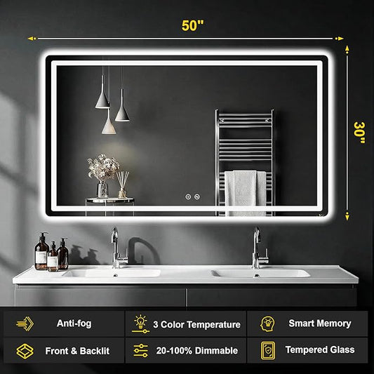 LED Bathroom Mirror with Lights - Anti-Fog, Dimmable, Backlit+Frontlit, 3 Color Light - 50"x30" Lighted Vanity Mirrors for Wall, Shatterproof Tempered Glass, Memory Function