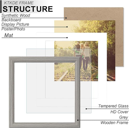 KTKDE 8x8 Picture Frame Real Glass, Display Pictures 4x4 with Mat or 8x8 Without Mat, Modern Style Wood Composite Frame,Gallery Wall Grey Frame & Table Top Display,best gift