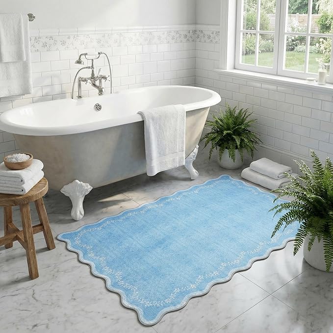 GarveeHome Scalloped Entryway Rug, 2x3 Solid Blue Washable Front Door Rug Indoor Entrance Floral Carpet Non-Slip Low Pile Throw Rugs for Kitchen Floor, Powder Room, Entry, Bathroom, Kids Room