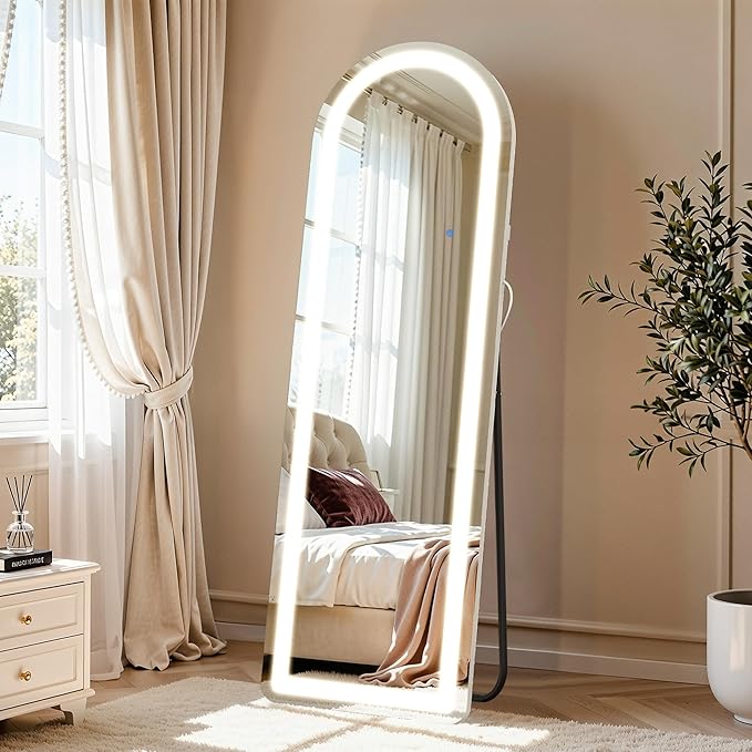 Full Length Mirror with LED Lights, 63"×20" Floor Mirror with Stand, Full Body Mirror with 3 Color Lighting Modes, Wall Mounted Mirror with Brighter Lighting Strip for Bedroom/Dressing Room