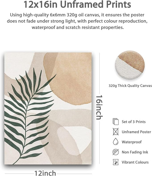 HesenDot Unframed Neutral Boho Wall Art Set of 3, 12x16in Botanical Leaves Abstract Geometric Canvas Posters, Minimalist Modern Aesthetic Wall Decor for Bedroom Living Room Home