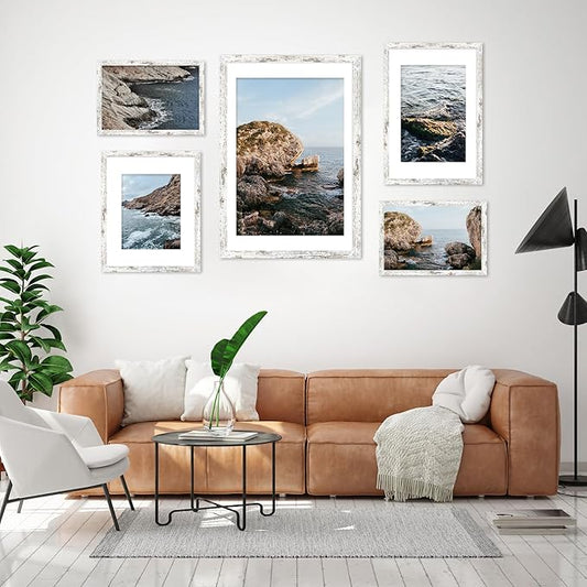 iRahmen 16x24 Picture Frame Set of 2 with Plexiglass, Distressed White Poster Frame Display 12x18 Picture with Mat or 16 x 24 Without Mat, Wood Photo Frame for Gallery Wall Mounting