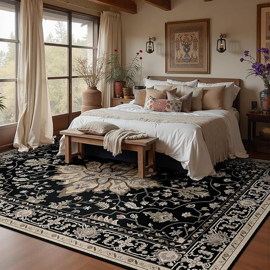 RELEANY Area Rugs 7'x9' Washable Non-Slip, Floral Vintage Distress Print Pattern Medallion Carpet for Living Room Bedroom Dining Room, Black Brown Neutral Dark Tan