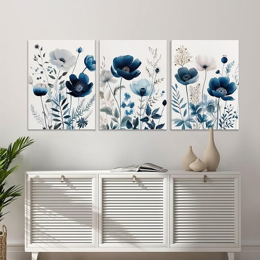 DUWQU 3 Pcs Blue Floral Canvas Wall Art, Elegant Navy Blue Wildflower Lily Daisy Wall Decor, Watercolor Botanical Flower Home Poster Art Prints for Living Room Bedroom Bathroom 16×24 Inches