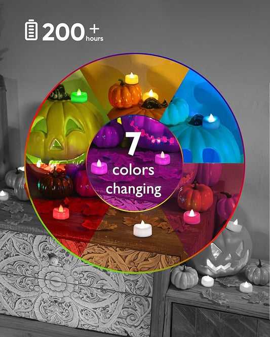 merrynights Flameless Candles, 12-Pack Color Changing Tea Lights Candles Battery Operated, Long-Lasting 200+ Hours Flameless Tealight Candles for Halloween Christmas Holiday Decor, 1.5'' D X 1.25'' H