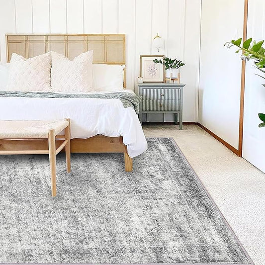 CHAMPLANT 5x7 Washable Area Rug Gray Vintage Traditional Floor Cover Foldable Thin Kitchen Accent Indoor Distressed Non Slip Carpet Floral Print Mat Bedroom Living Room Bathroom