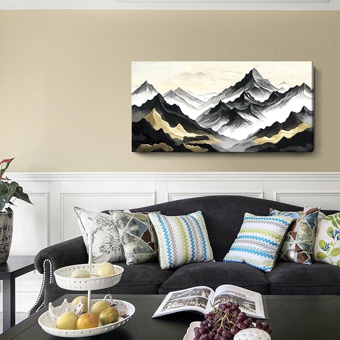 Large Black White And Gold Natural Landscape Wall Art For Living Rooms; Modern Abstract Canvas Prints Artwork For Walls; Chinese-Style Mountain Pictures For Bedrooms, Hallways, And Offices. 48X24 Inches.