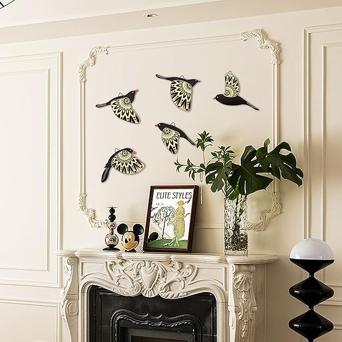 Vumyhuby 5 Pcs Black Wooden Bird Wall Art | Rustic Folk Art Wall Decor for Indoor Use | Handcrafted Wood Flying Birds Wall Hangings for Living Room, Bedroom, Kitchen, Office | Scandinavian Home Decor Gift